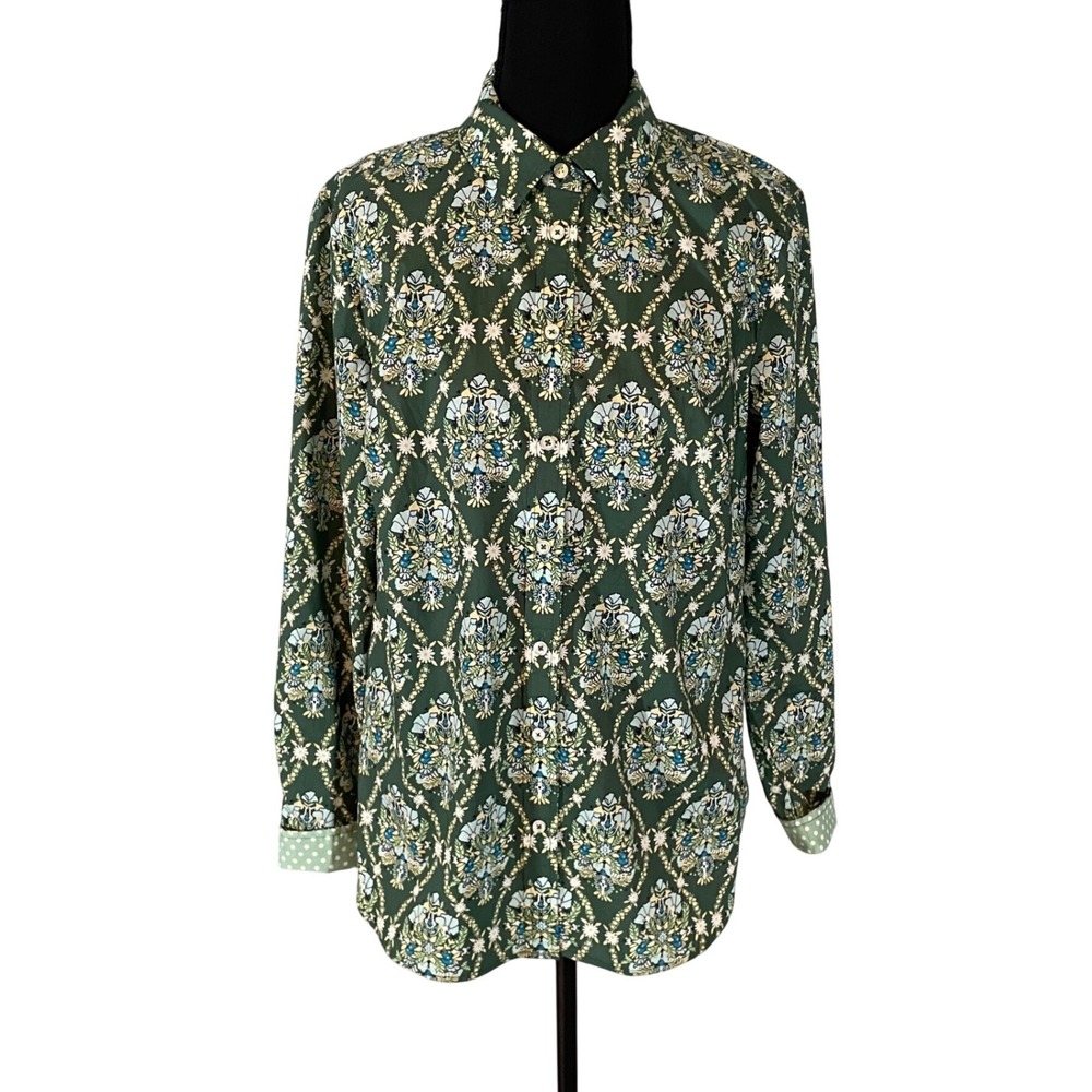 Talbots Womens Green Floral Damask Medallion Cotton Button Down Shirt Size S